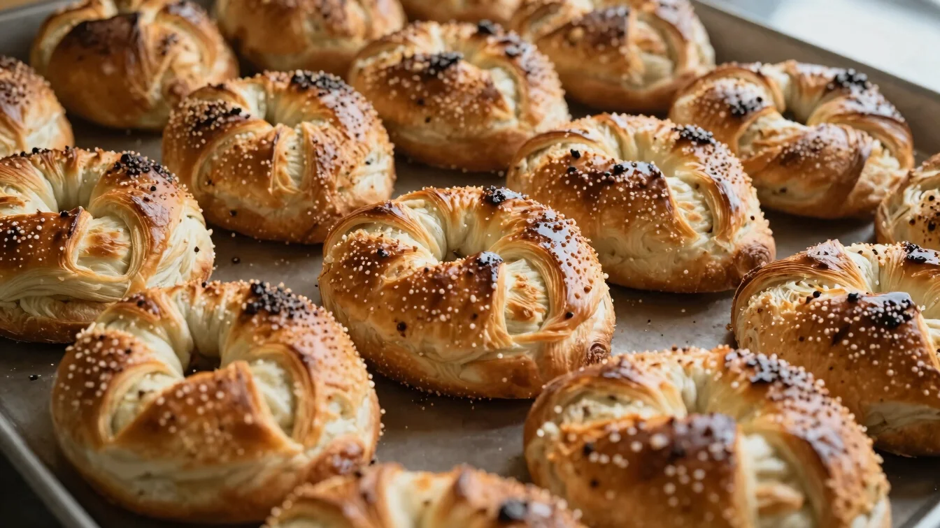 Susamlı simit ve sıcak poğaça yakın çekim, sabah ışığı, sıcak alt