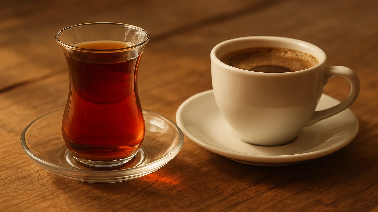 Sade bir bardak çay ve fincan kahve, ahşap masa üzerinde, sabah ı